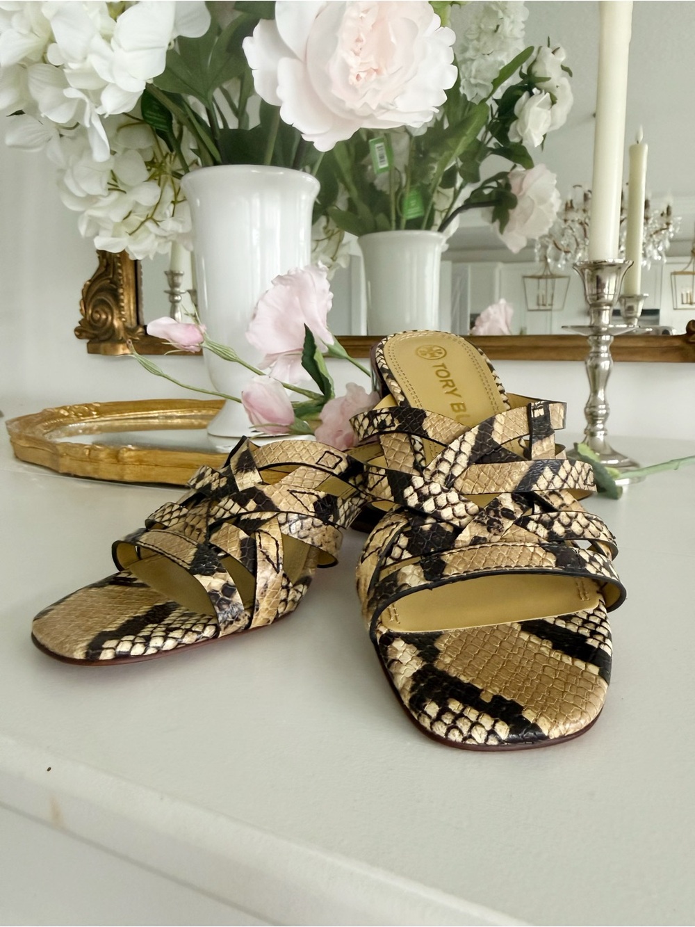 Tory Burch basketweave snake-Print Slide Sandals, sz 7, NWOT
